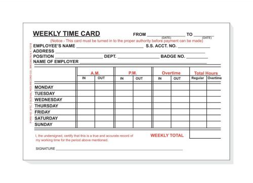 Weekly Time Card, Weekly, Monday thru Sunday 4 x 6 BULK BOX 10 PACK 100 Per Pack