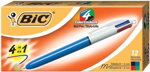 BIC 4-Color Ballpoint Retractable Pen, Assorted Ink, Medium, Pack of 12