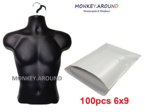 100 pcs poly plastic bags mailers +1 male mannequin black displays hanging forms for sale