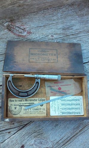 VINTAGE STARRETT 1-2 MICROMETER 436 W/ 436 WOOD BOX CASE MACHINIST TOOL + EXTR