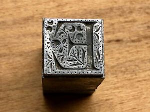 Antique all metal PRINTERS BLOCK - Ornate Storybook style letter E