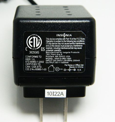 Genuine Insignia KSS10-060-1000 AC Power Supply Charger Adapter Output 6V 1000mA