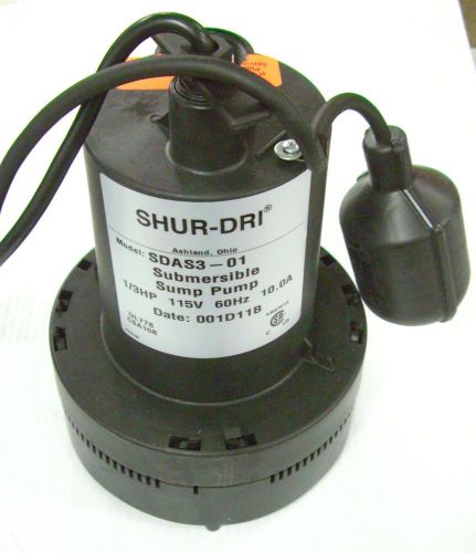 Shur-Dri 1/3 HP Sump Pump Automatic Submersible SDAS3  NIB