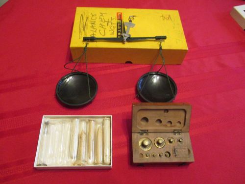 Vintage Chemical BALANCE WEIGHT Set Balance Scale Weights in Wood Box GlassTubes