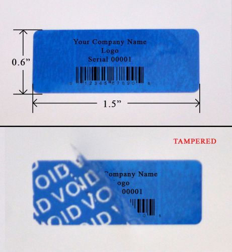 1,000 SECURITY LABEL SEALS STICKER BLUE CUSTOM PRINT TAMPER EVIDENT 1.5&#034;X.6&#034; PS3