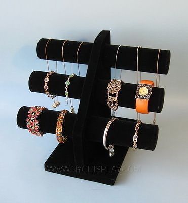 12&#034;H BLACK VELVET JEWELRY DISPLAY 3 T BAR BRACELET BANGLE WATCH NECKLACE PJ65B1