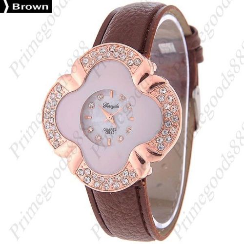 Gold Golden Flower PU Leather Lady Ladies Wrist Quartz Wristwatch Women&#039;s Brown