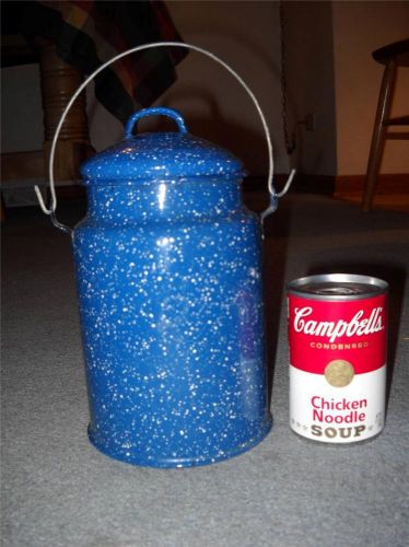 Enamel Blue Speckle Milk Pail Swing Handle Small Replica for Big Dollhouse