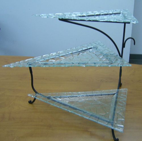 Tiered Server 3 Tiers Black Metal Frame Green Glass Embossed Twig Pattern