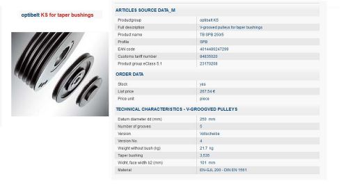 (inside diameter,pack) V-grooved pulley for taper bushes, TB SPB 250/5 Z 10