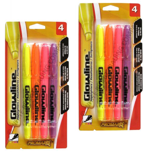 2 packs of 4, promarx glowline chisel-tip highlighters yellow orange pink purple for sale
