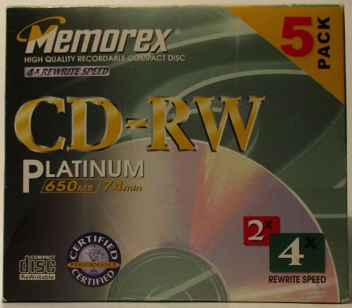 New ~ Memorex CD-RW Platinum 5 Pack ~ 4x Rewrite Speed ~ 650MB / 74 Minutes