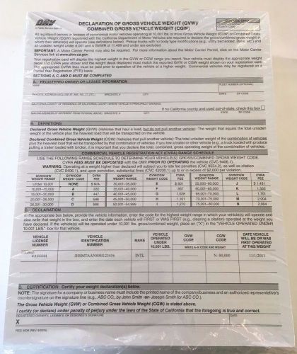 BILINGUAL DECLARATION OF GVW/CGW - DMV 4008 - CAR LOT DEALERSHIP SUPPLIES