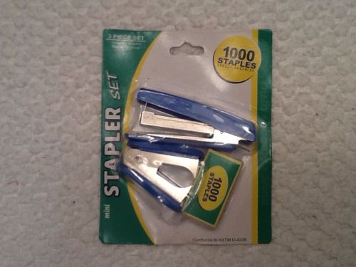 NEW 3PC DESK STAPLER SET REMOVER 1000 STAPLES BLUE SCHOOL OFFICE SETS