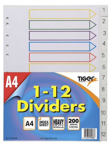 A4 1-12 Strong Plastic Dividers - Colour Coded Index Tab Cover Punched