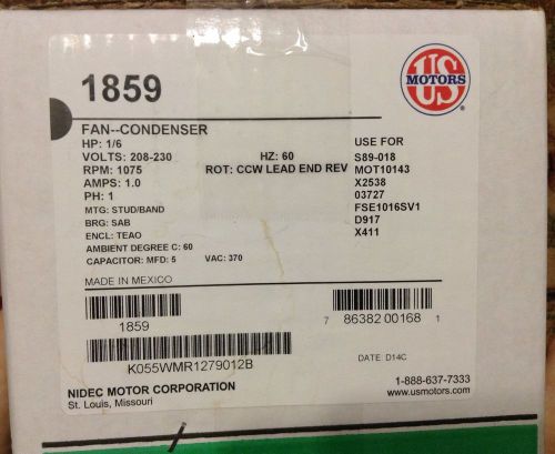 U.S. MOTORS 1/6 HP 1075 RPM CONDENSER FAN MOTOR #1859 (NEW)