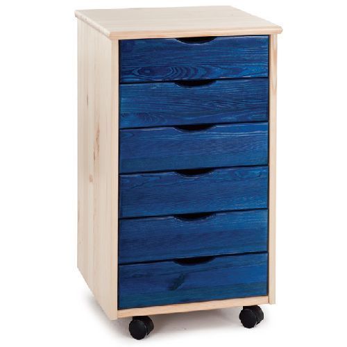 Cassettiera da ufficio in legno massello blu con ruote 39x35x65 cm