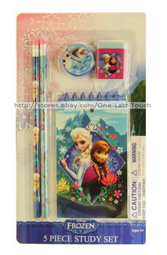 DISNEY FROZEN 5pc Study Set FOR KIDS Memo Pad+No. 2 Pencils+Blue Eraser NEW 1/2