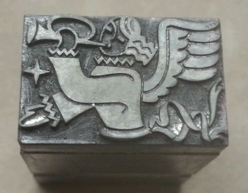 Vintage lead Printing Block letterpress Angel with  wings Christmas star bugle