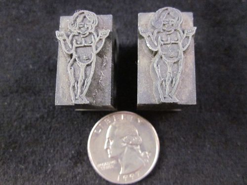 Vintage Letterpress Solid Metal Printers Block Stamp Lot of 2 Nude Women 1&#034; tall