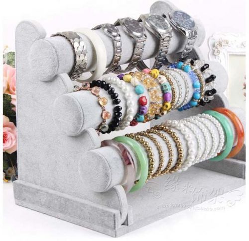 3-Tier Grey Velvet Bracelet Watch Bangle Display Rack Holder - Countertop RA2