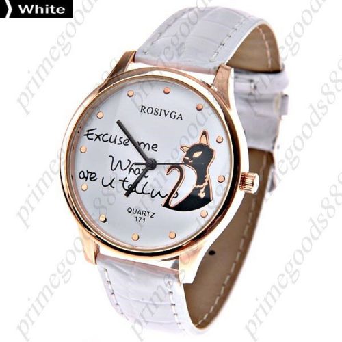 Cat round case pu leather quartz wrist wristwatch free shipping women&#039;s white for sale