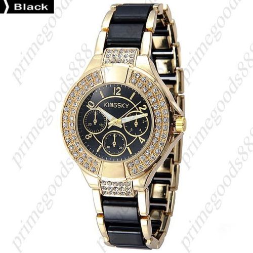 Round Rhinestones Alloy Band Analog Quartz Wrist Wristwatch Women&#039;s Black