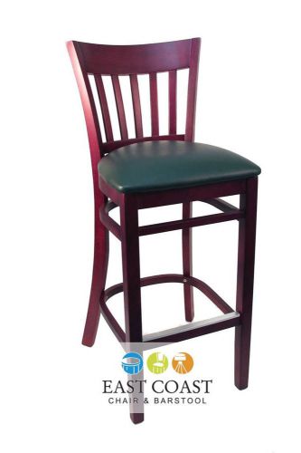 New Gladiator Mahogany Vertical Back Wooden Bar Stool with Green Vinyl Seat