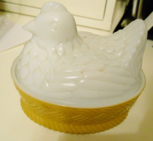 VINTAGE GLASS HEN ON NEST-BASKET DISH-AVON LOOK !