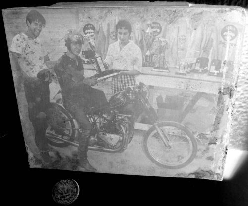Vintage &#039;50s MOTORCYCLE RACE Printing MHRA Dragstrip Photo Block Cut Letterpress