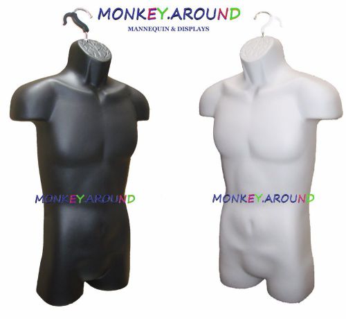 LOT OF 2 Male Mannequins Black,White Torso Body Form,2 Hook-Display Men Clothing