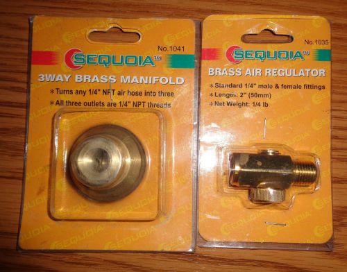 New Solid Brass 3 Way Air Line Manifold &amp; Brass In-line Regulator, Both 1/4&#034; NPT