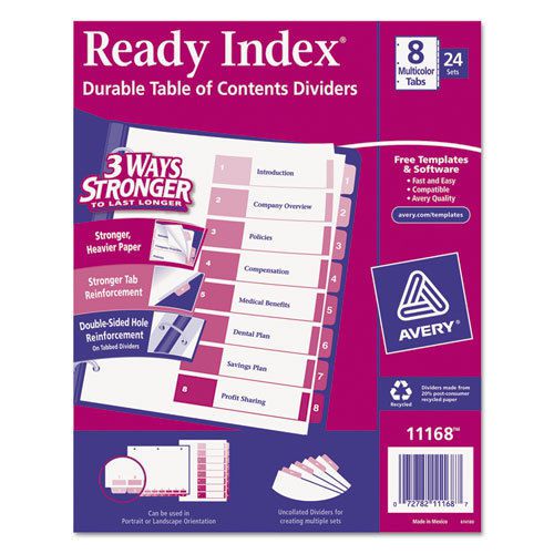 Ready index table/contents dividers, 8-tab, 1-8, letter, assorted, 24 sets/box for sale