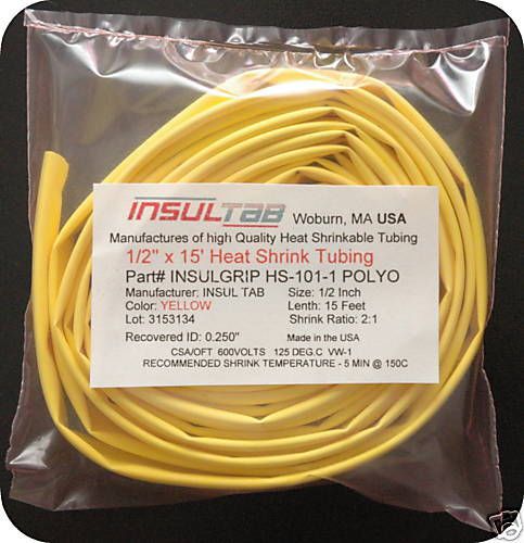 1/2&#034; x 15&#039; FEET INSULGRIP HS-101 HEAT SHRINK TUBE TUBING Yellow POLYOLEFIN