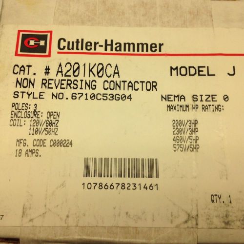 Cutler-Hammer A201K0CA Non-Reversing Contactor Model J 18 AMP