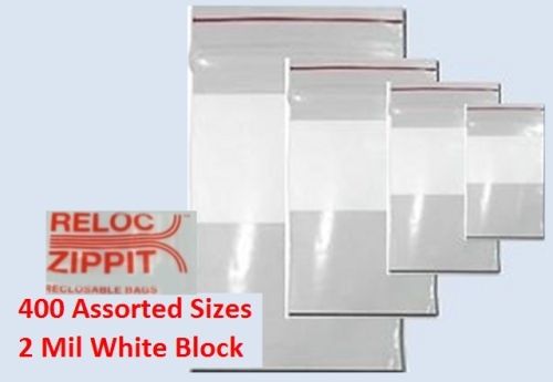 400pc ziploc/reloc white block sm reclosable bags 2mil assorted plastic baggies for sale