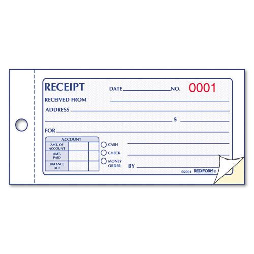 Rediform Small Money Receipt Book, 5 x 2-3/4, Carbonless Duplicate, 50 Sets/Book