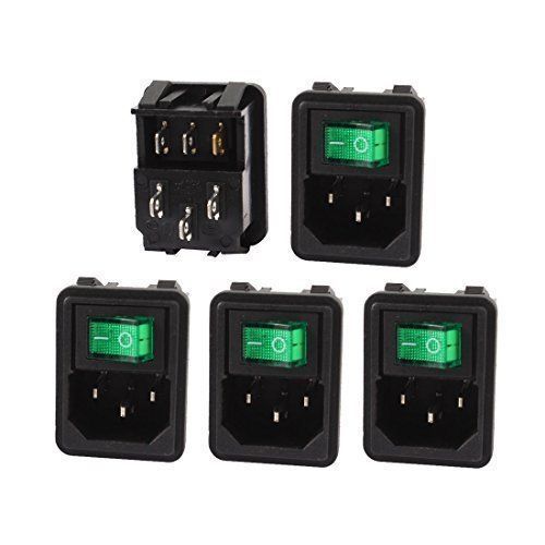 5 Pcs Green Lamp Rocker Switch IEC320 C14 Power Socket AC 10A 250V