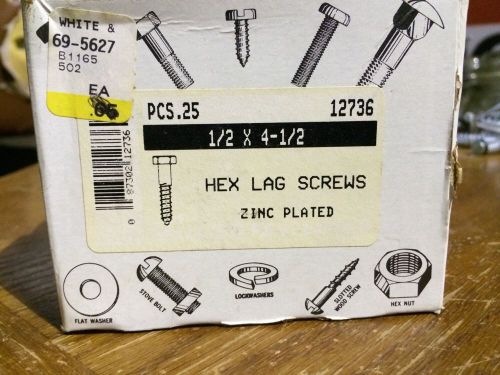 Lot of 25 steel hex lag screw bolt 1/2&#034; x 4 1/2&#034; zinc plated hex head hillman for sale