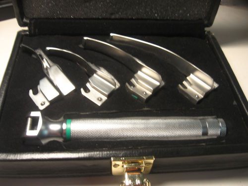 FIBER OPTIC LARYNGOSCOPE SET W/ LEATHER CASE, 4 BLADES AND PEDIATRIC HANDLE