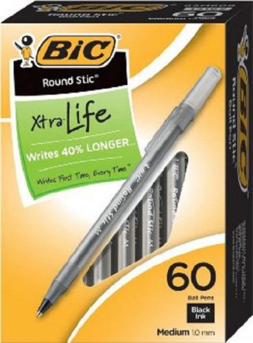 10 Boxes- BIC Round Stic Xtra Life Ball Pen, Medium Point, Black, 60-Count