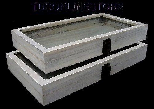 1/8 of 150 for sale, Rustic wood glass top display cases antique white wash color package of 2