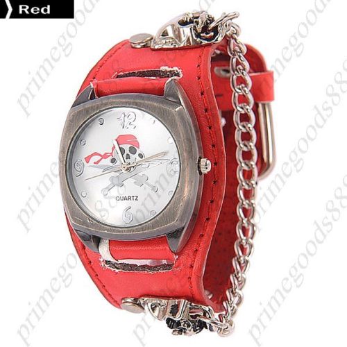 Wide charm bandanna skull chain quartz analog pu leather wrist wristwatch red for sale