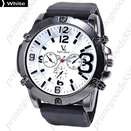 Black Silica Gel Band Quartz Analog 3 Sub Dial Wrist Men&#039;s Wristwatch White Face