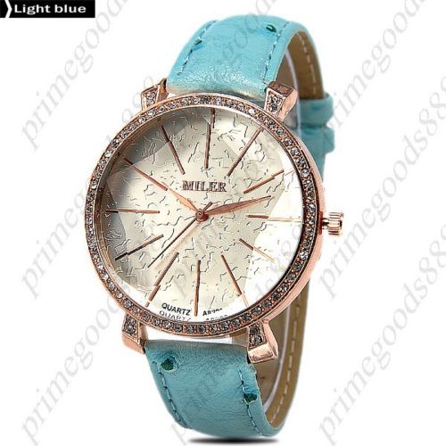 Round Rhinestones PU Leather Quartz Lady Ladies Wristwatch Women&#039;s Light Blue