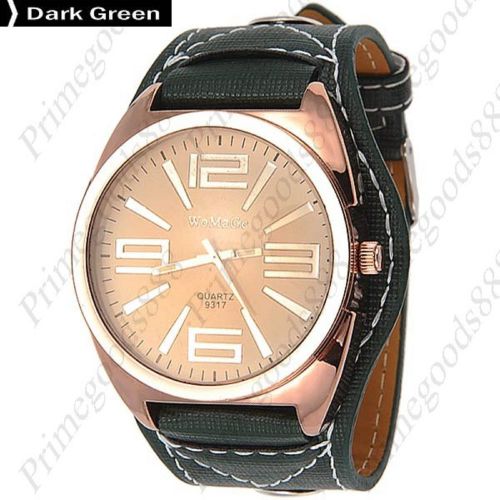 Large Wide PU Leather Analog Lady Ladies Quartz Wristwatch Women&#039;s Dark Green