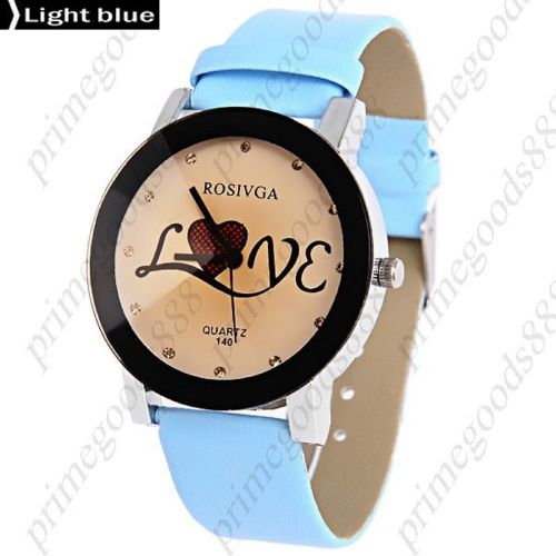 Love rhinestones pu leather ladies analog quartz wristwatch women&#039;s light blue for sale