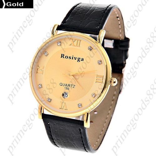 PU Leather Band Quartz Date Wrist Men&#039;s Free Shipping Wristwatch Gold Golden