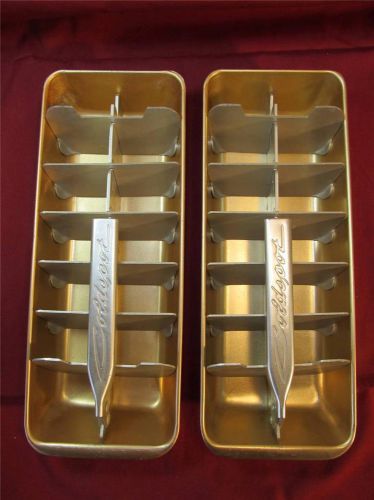 2 Coldspot Vintage GOLD TONE ALUMINUM Ice Cube FREEZER TRAY~w/ LEVER~pair metal