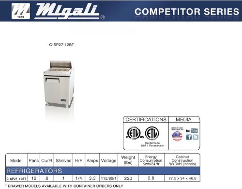 Migali single door 27&#034; big top 12 pan sandwich prep table c-sp27-12bt for sale